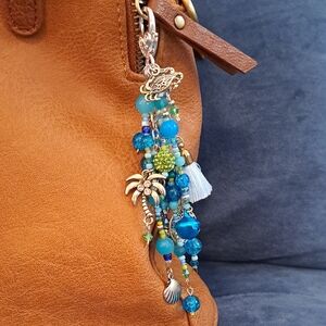 PURSE/BAG CHARM Cute Beach Themed Charm w/Blue Glass And Crystal Beads, 5.5"